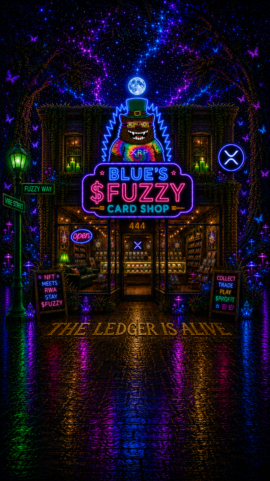 Exterior storefront of Blue's $FUZZY Card Shop